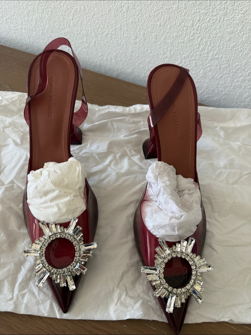 Amina Muaddi Burgundy Patent Pointed Slingback Heels with Crystal Sunburst 39